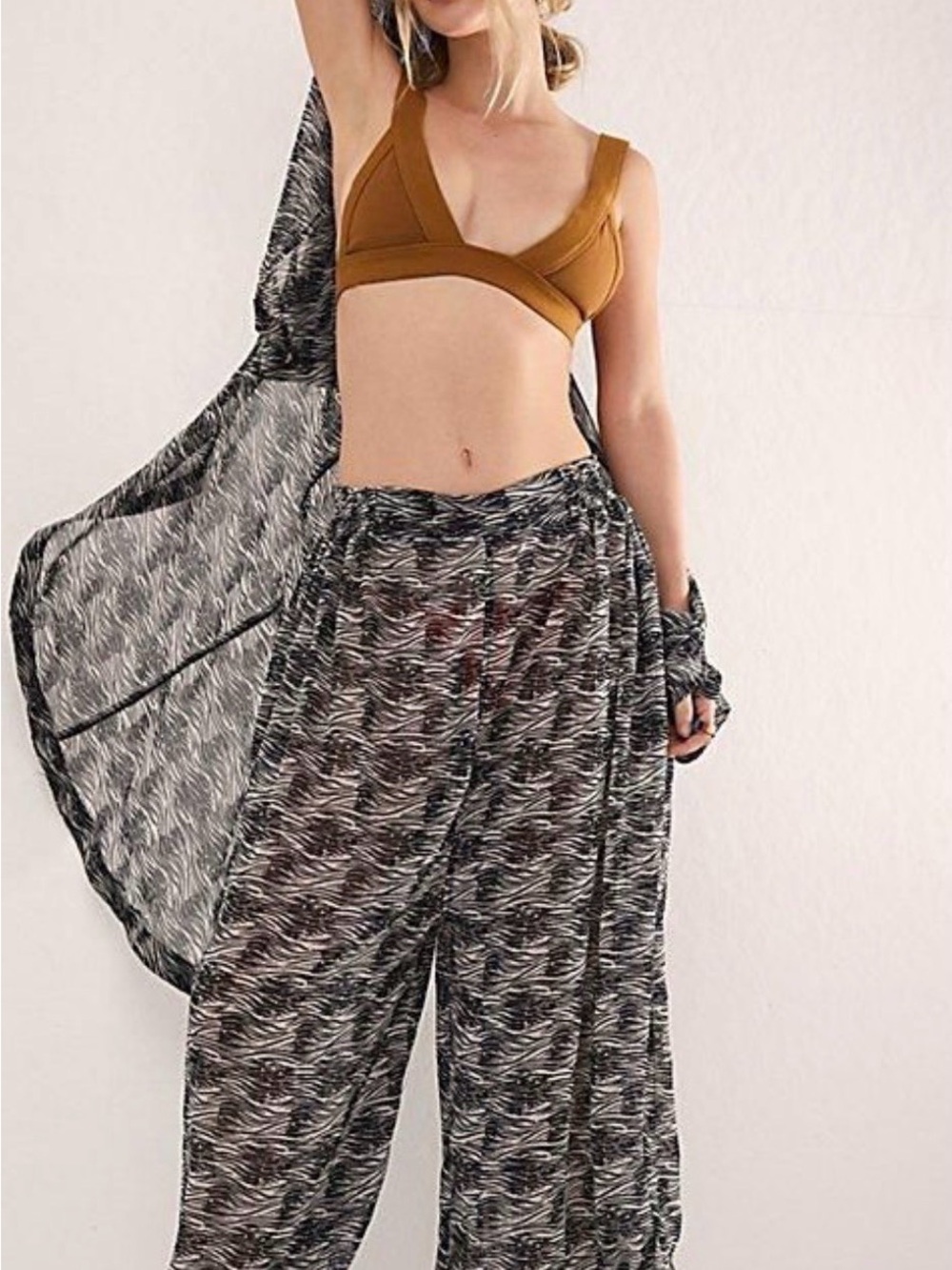 Free People Sheer Printed Wide-Leg Pants with Brown Bralette